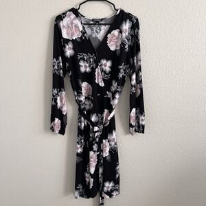 Roz & Ali XL Belted Dress Midi Floral Surplice Stretch Black White